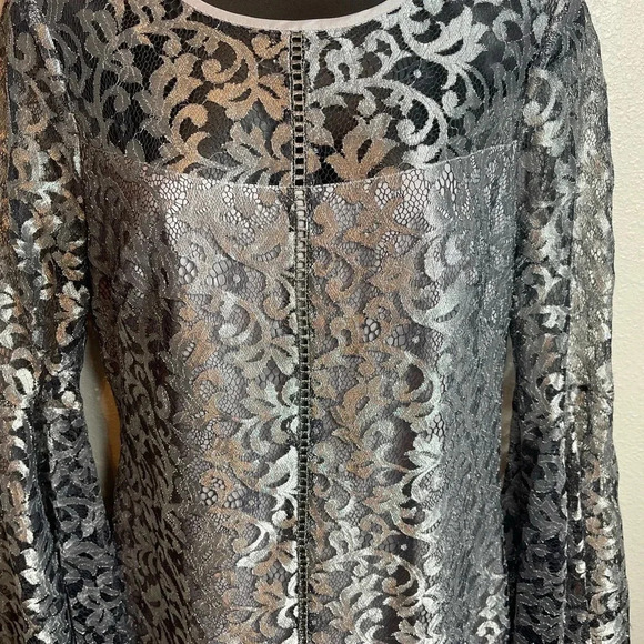 White House Black Market Metallic Lace Bell Sleeve Dress - Picture 5 of 14